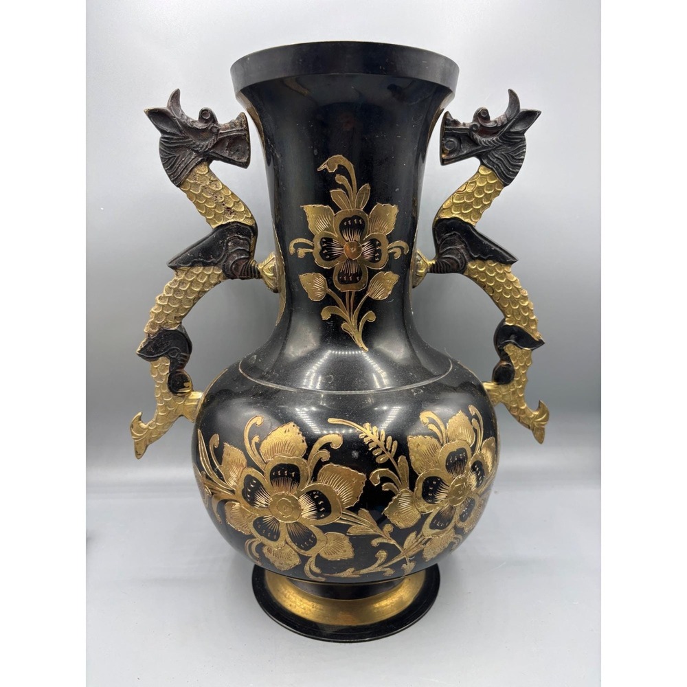 Large Vintage Black Gold Etched Brass Vase‎ Dragon Shaped Handles